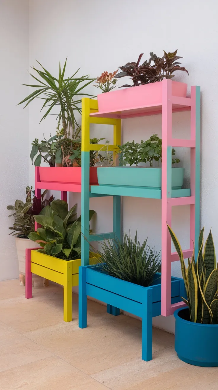 Add a splash of color to your plant shelf with some paint or stain! Choosing bright hues can really make your plants pop and bring life to your living room. Don't be afraid to mix and match colors for a fun, personalized look.