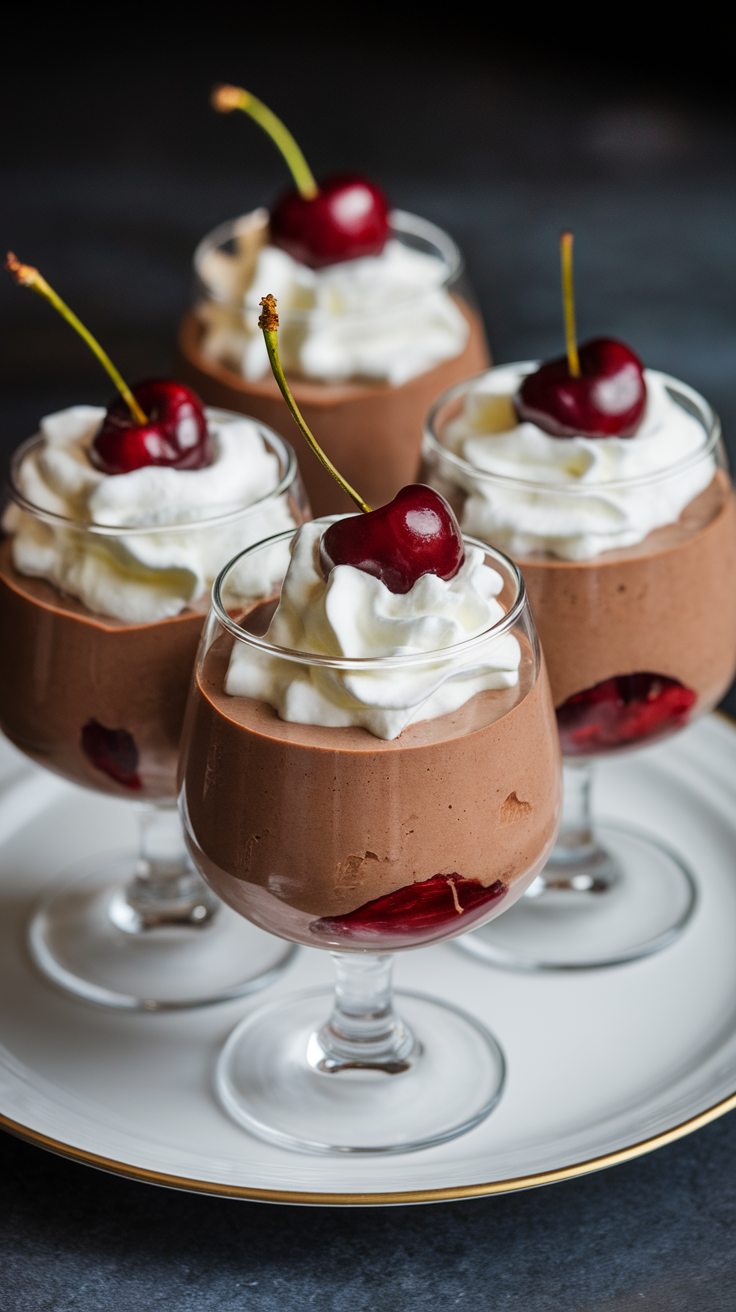 Dark chocolate cherry mousse is a perfect treat for any chocolate lover. The creamy texture pairs wonderfully with sweet cherries, creating a delightful contrast. Top it off with whipped cream for an extra touch of indulgence!