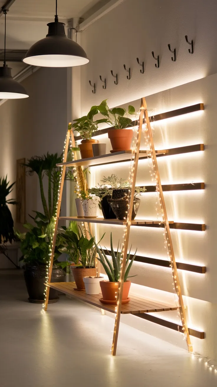 Adding decorative lighting to your plant shelf can really bring it to life. Try using string lights or spotlights to highlight your greenery and create a cozy vibe. Experiment with different placements to see what looks best and makes your plants shine!