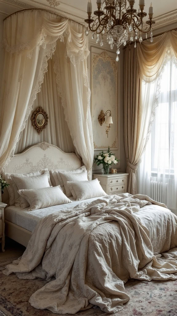 Rococo rooms embrace soft, intricate textiles. Think floral patterns, lace, and damask to create an inviting, serene space that wraps your guests in luxury.