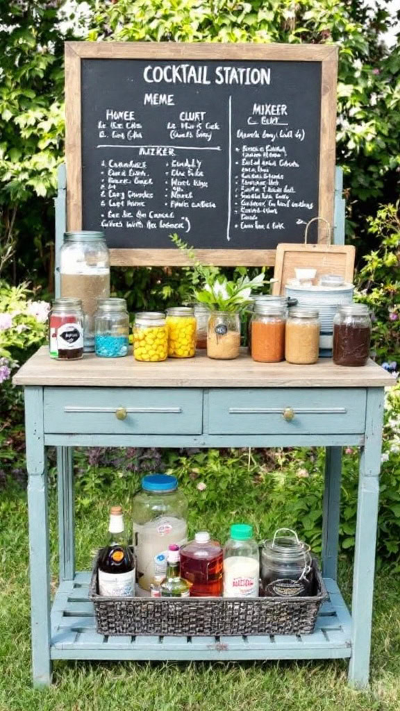 Create a simple yet stylish cocktail station that’s perfect for gatherings. Stock it with mixers, garnishes, and a chalkboard menu to impress your guests.