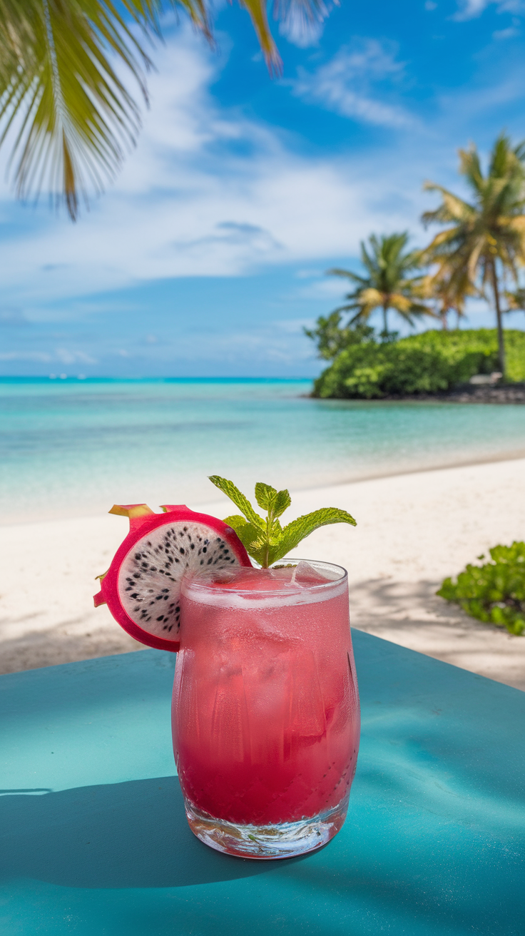 The Dragon Fruit Fizz is a delightful and refreshing cocktail that captures the essence of summer. With its vibrant pink hue, this drink stands out beautifully against the backdrop of a tropical beach. The cocktail features dragon fruit, which adds not just color but also a subtle sweetness that pairs perfectly with its fizzy texture.