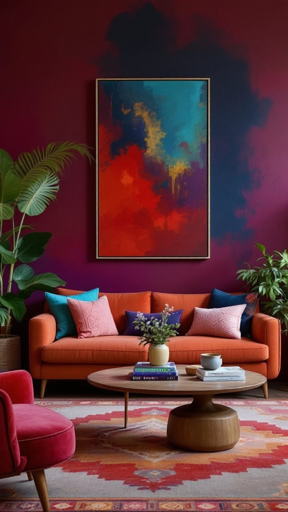 A bold color palette can make a big impact. Think deep reds, rich blues, and vibrant oranges paired with neutral accents to balance the intensity. This approach creates a dramatic yet inviting atmosphere that’s perfect for boho maximalism.