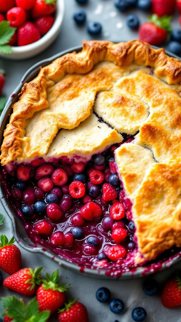 The Dutch Oven Jumbleberry Pie is a delicious mix of berries baked to perfection. The golden crust pairs wonderfully with the sweet and tangy filling. 