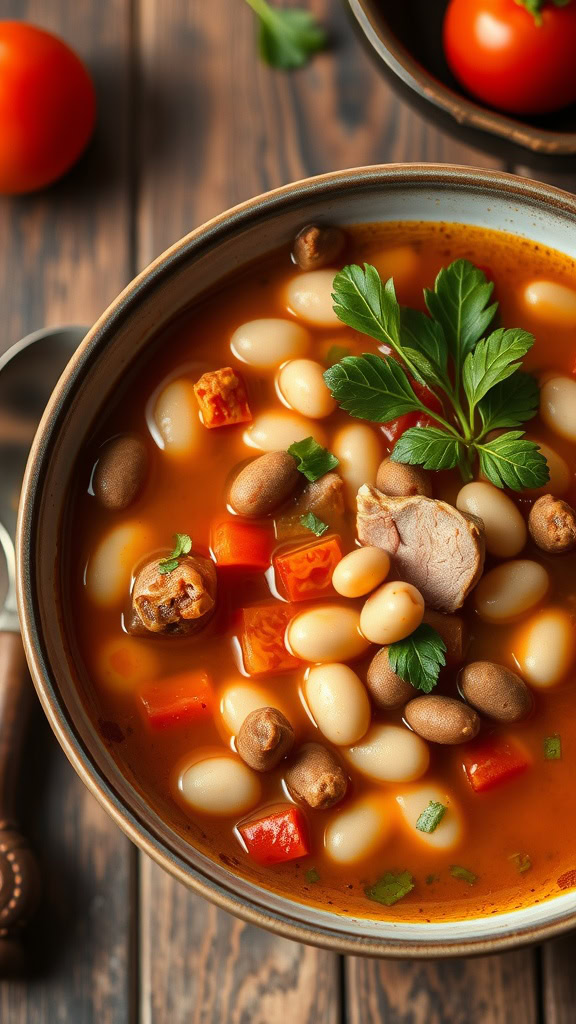 A bowl of colorful 15 bean soup with a spoon beside it.