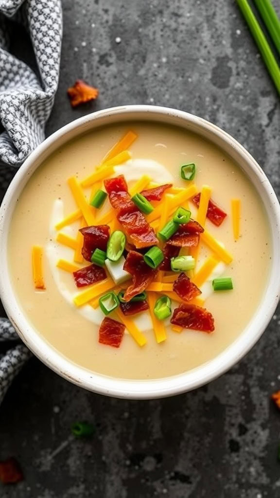 Creamy loaded baked potato soup topped with cheese, bacon bits, and green onions.