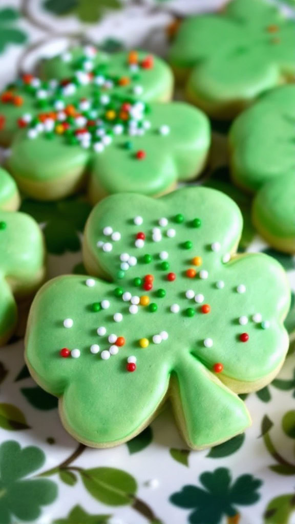 Colorful shamrock-shaped cookies with green icing and sprinkles on a plate.