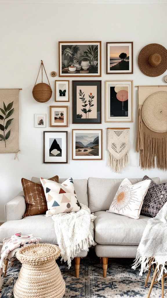 Gallery walls are a fantastic way to showcase your personality. Combine framed art, woven hangings, and even small mirrors to create an eye-catching display. Mix sizes, colors, and textures for a curated but relaxed vibe.