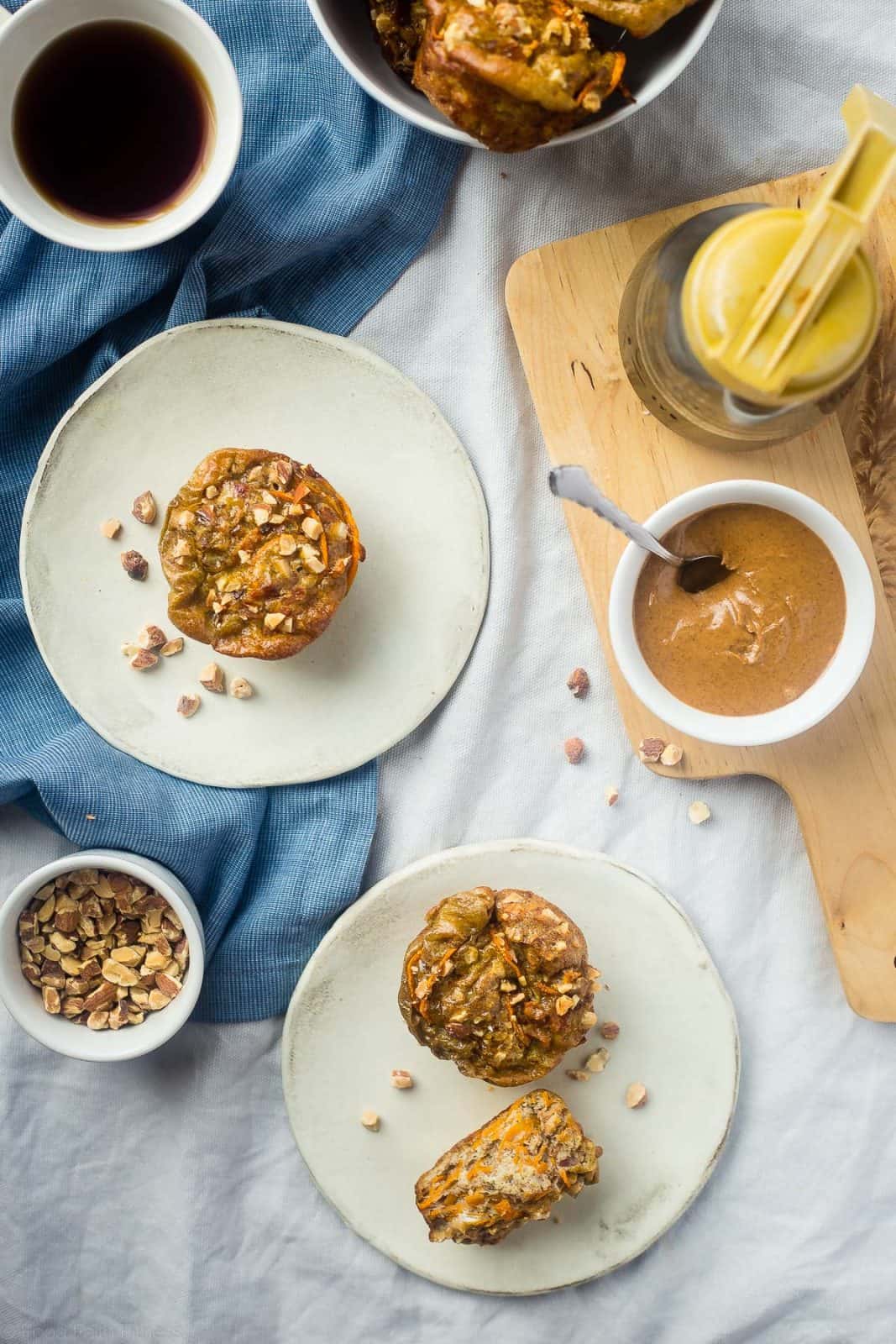 Egg Muffins with Maple Sweet Potato Noodles, Bacon and Almond Butter