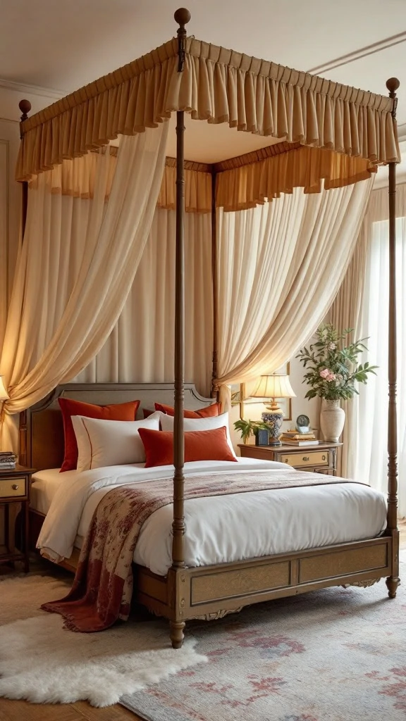 Canopy beds add a touch of charm to any bedroom. The soft drapes and warm colors create a cozy and inviting space. It's the perfect spot to relax and unwind after a long day.