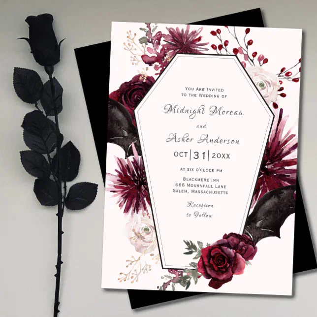 Elegant Coffin Floral Gothic Halloween Wedding Invitation