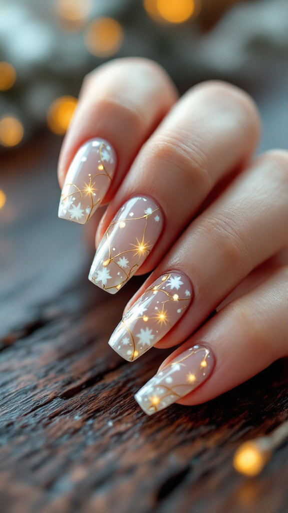 For a sophisticated holiday look, this design combines gold and white elements that resemble twinkling Christmas lights. Delicate floral patterns and shimmering accents add a touch of elegance.