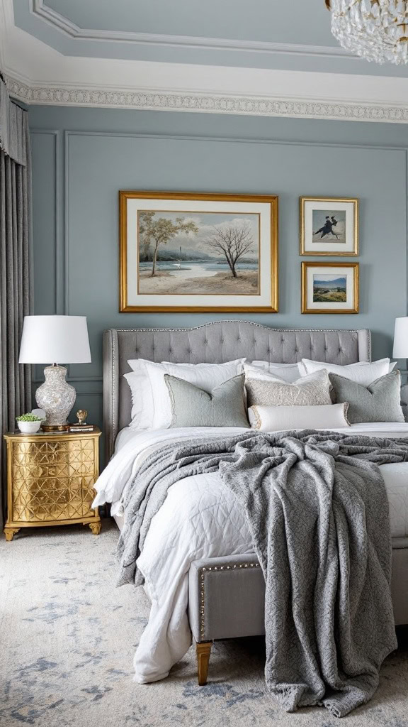 The pale blue walls create a calm and inviting space. Gold accents, like the nightstand and frames, add a touch of warmth and luxury. This combination makes the room feel fresh and cozy, perfect for relaxation.