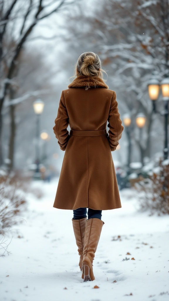 Picture this charming winter outfit: a stunning wool coat paired with knee-high boots. This look radiates warmth and style, perfect for strolls in the snow. The coat's rich brown hue and plush collar add a touch of luxury while keeping you snug.