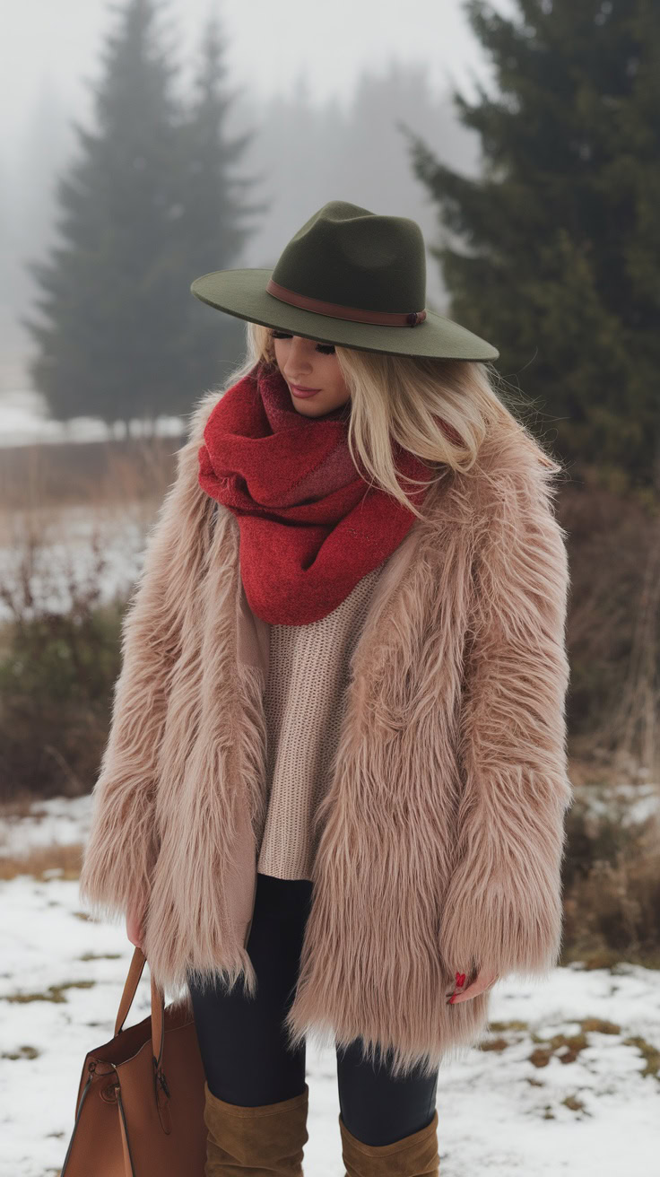 Faux fur coats add warmth and style to your winter look. Pairing them with a wide-brim hat instantly elevates your outfit, giving it that chic boho vibe. This combination keeps you cozy while making a bold fashion statement.