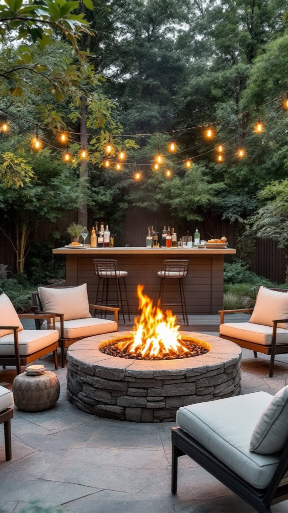 Combine the warmth of a fire pit with a well-stocked bar for the perfect evening setup. It’s great for relaxing with friends while sipping on your favorite drinks.