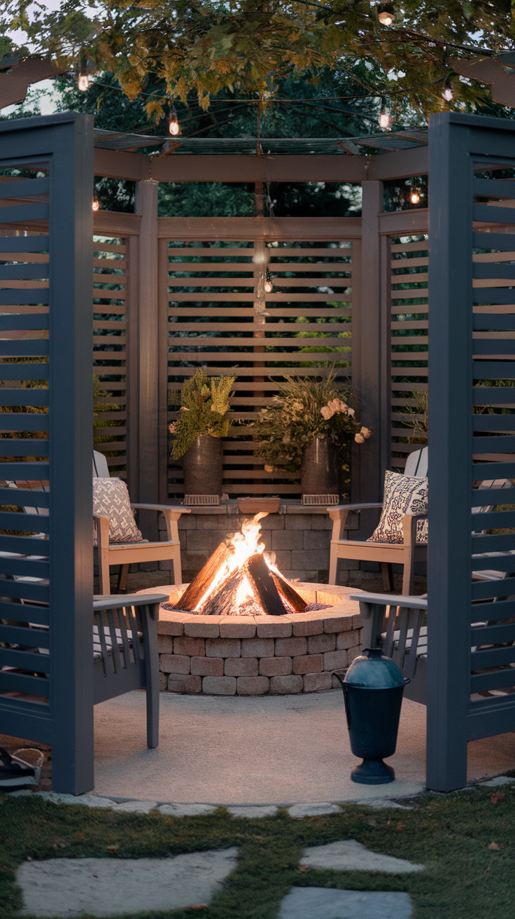 A fire pit area surrounded by low walls or greenery offers a cozy and private setting for gatherings. It’s the perfect way to enjoy the outdoors year-round.