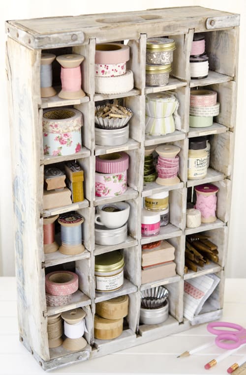 Distress an old crate and turn it into craft storage