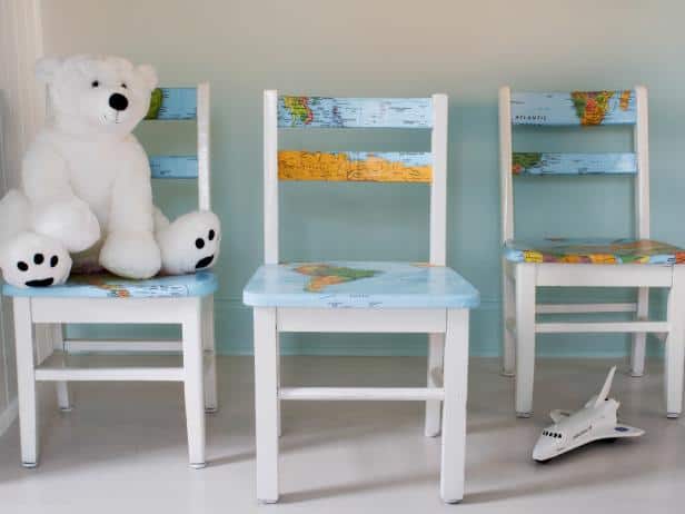 Upcycle a boring old chair with decoupaged map