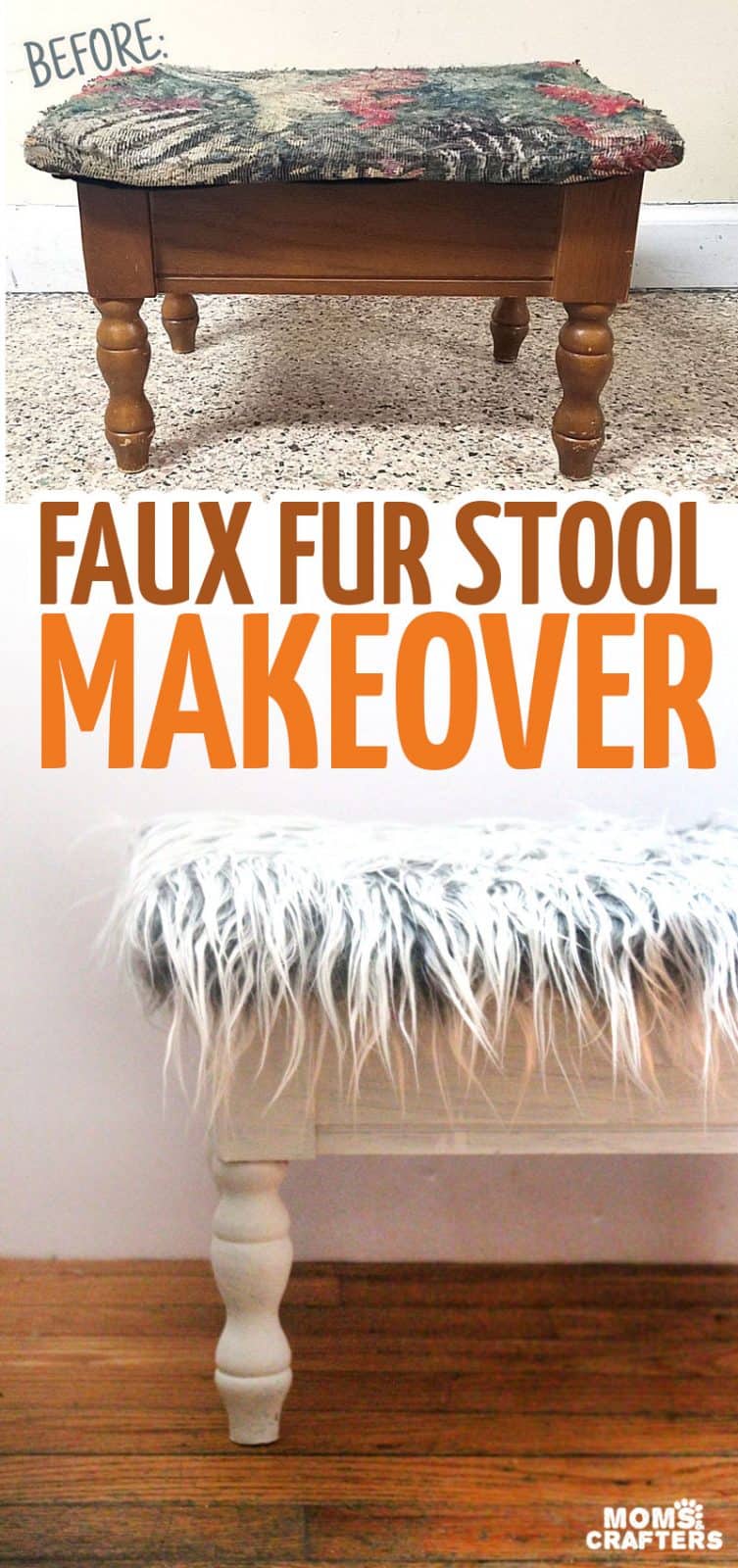 Give an old drab stool a faux fur makeover
