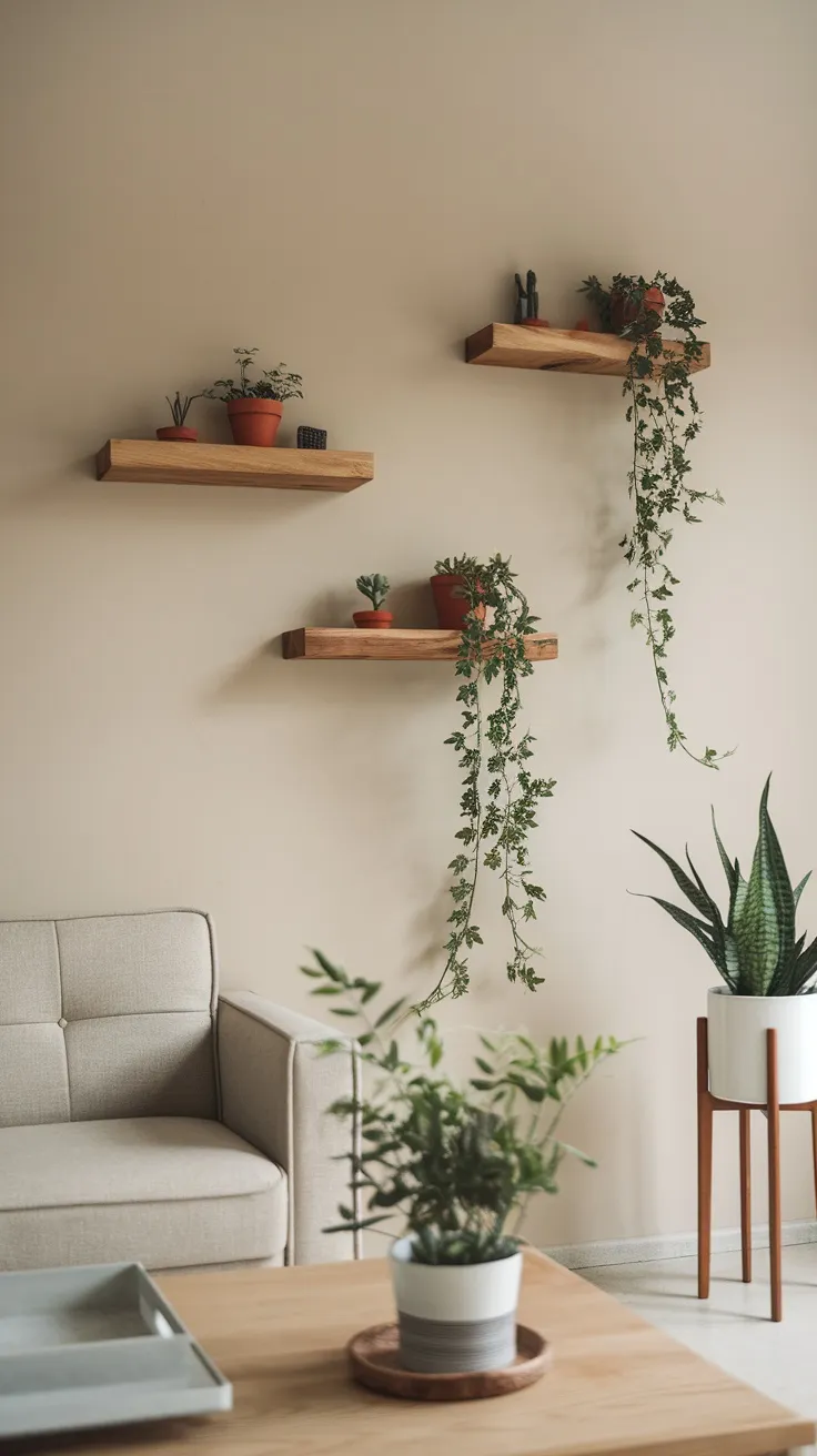 Floating shelves are a stylish way to display your plants without taking up floor space. They create an open and airy feel, making your living room look larger and more inviting. Choose a few different heights for an interesting visual effect and mix in varying plant sizes for a fun touch.