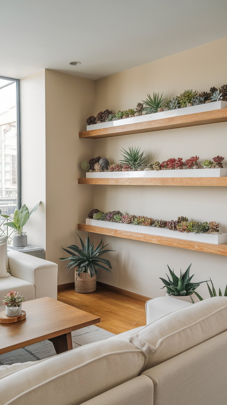 Floating shelves are a fun way to display your favorite succulents. You can mix different sizes and colors for a lively look. Plus, they save space while adding a touch of green to your living room.