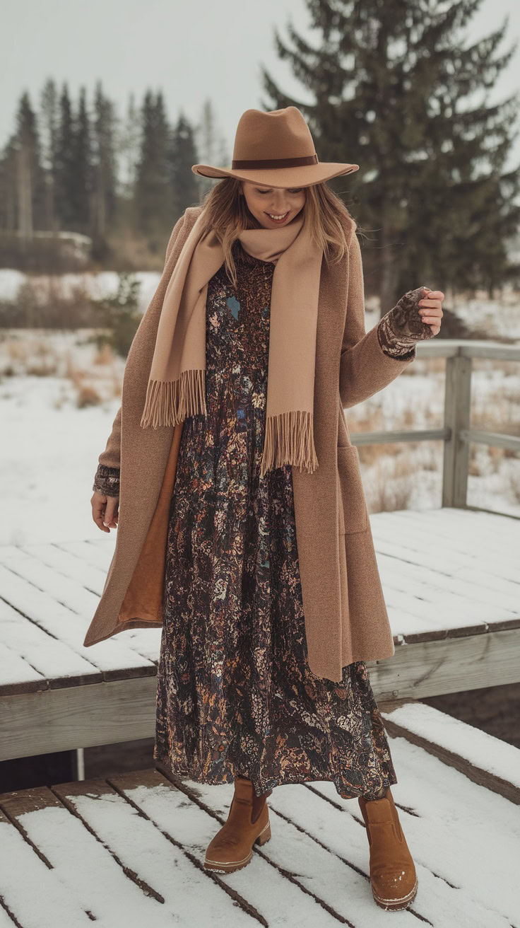 Layering floral prints with warm outerwear is a fun way to stay cozy while looking stylish. A long floral dress paired with a soft, oversized coat creates a lovely contrast against the winter backdrop. Don't forget to add a cute hat and scarf for extra warmth and flair!