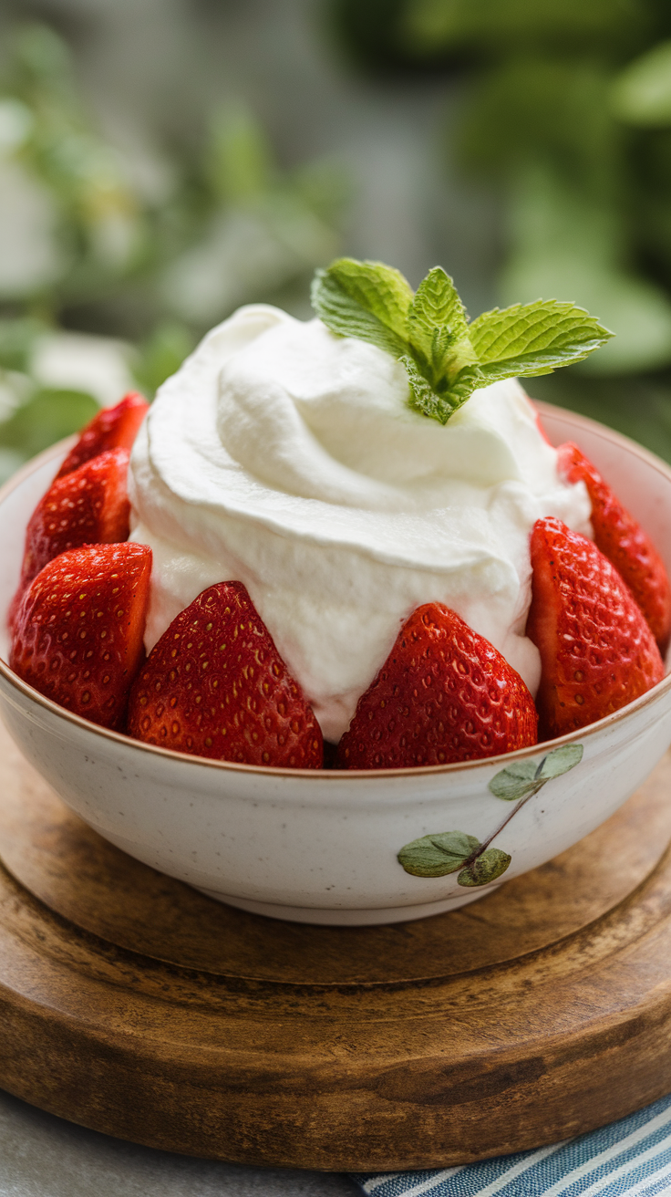 A glass of fresas con crema featuring layers of strawberries and whipped cream, topped with a fresh strawberry and mint leaf.