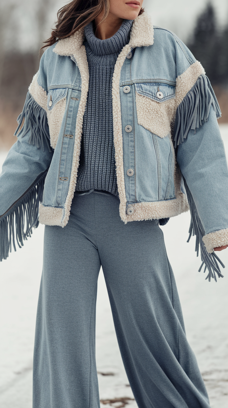 Denim jackets and fringe details are classic bohemian staples that work well in winter when styled creatively.