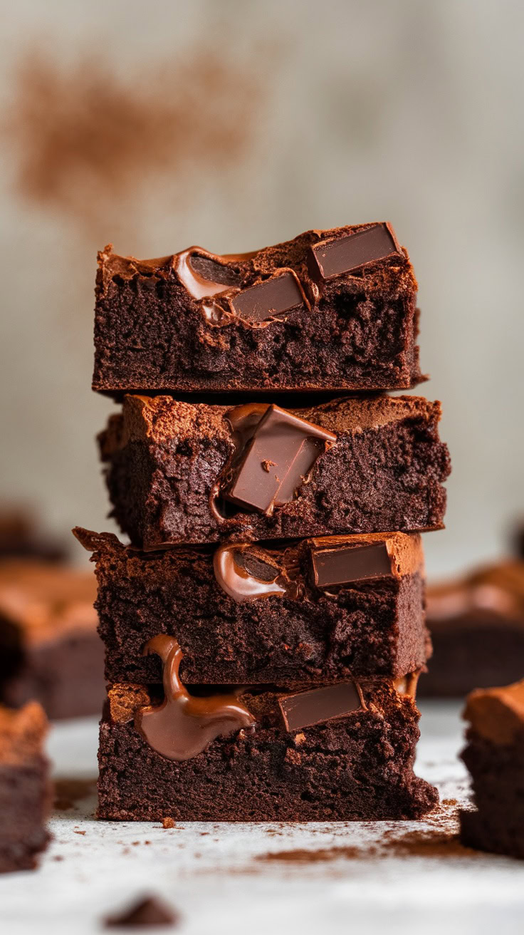 A stack of fudgy chocolate chunk brownies with melted chocolate on top.