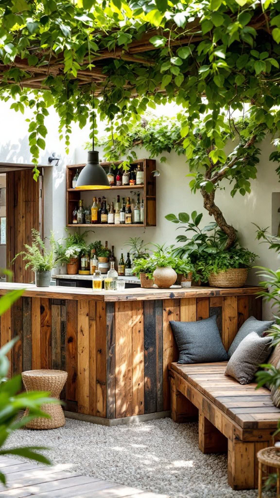 Imagine a cozy garden bar where you can sip cocktails while surrounded by lush greenery. The built-in seating makes it a welcoming spot for friends and family to gather and enjoy.