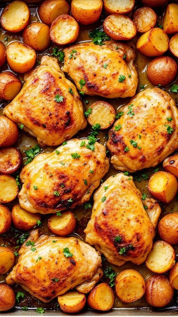 This garlic butter chicken and potatoes recipe is a total winner for dinner. The juicy chicken thighs roast beautifully with tender, golden potatoes all in one pan. Toss in some garlic and herbs, and you've got a meal that's both easy and delicious!