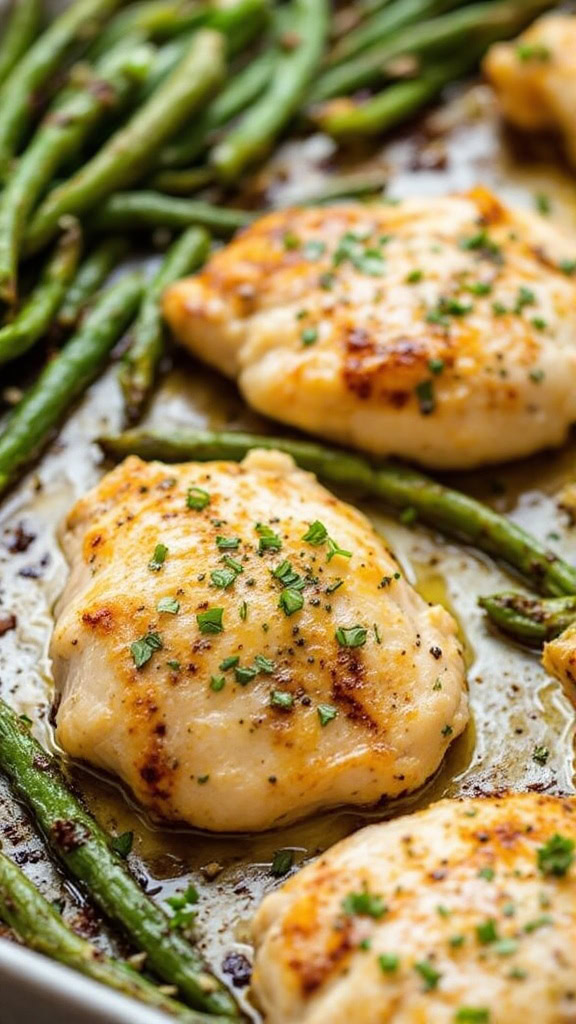 Garlic butter chicken thighs with green beans on a sheet pan