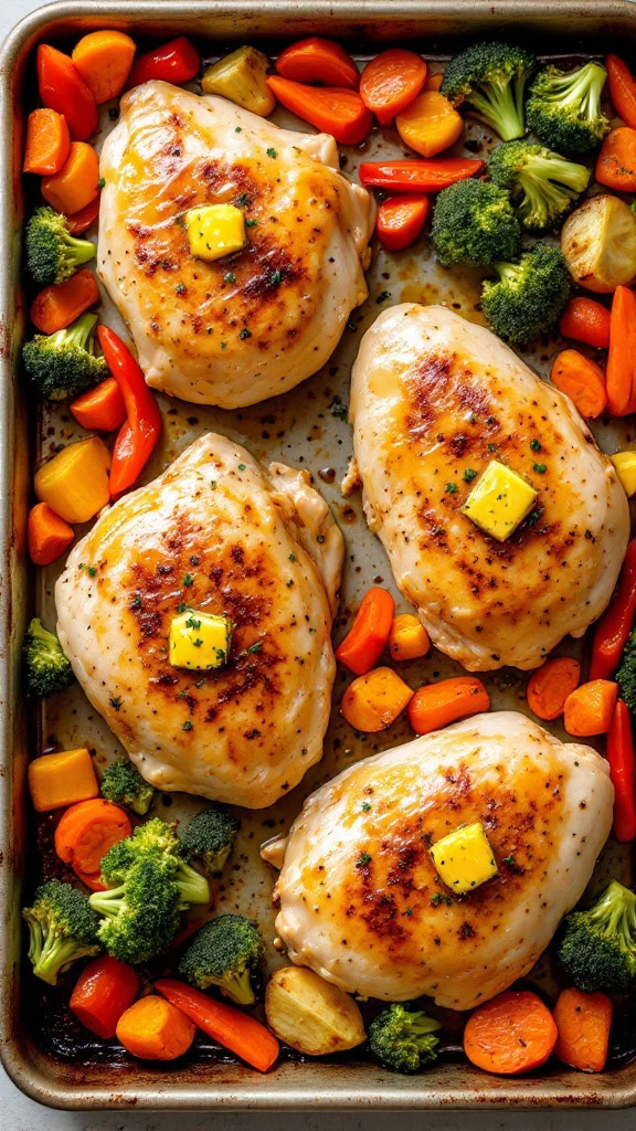 This garlic butter sheet pan chicken is super easy and packed with flavor. Just toss chicken and veggies together, drizzle with garlic butter, and let the oven do the work. It’s a perfect meal for busy nights, and cleanup is a breeze!