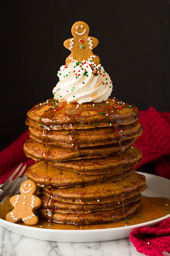 Oh my goodness! These gingerbread pancakes taste AMAZING drizzled with cinnamon syrup!