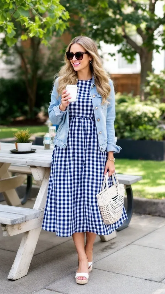 A gingham dress paired with a denim jacket is a super cute choice for spring. This outfit is both casual and chic, making it perfect for Easter brunch or a day out. Add some fun accessories like a woven bag and sunglasses to complete the look!