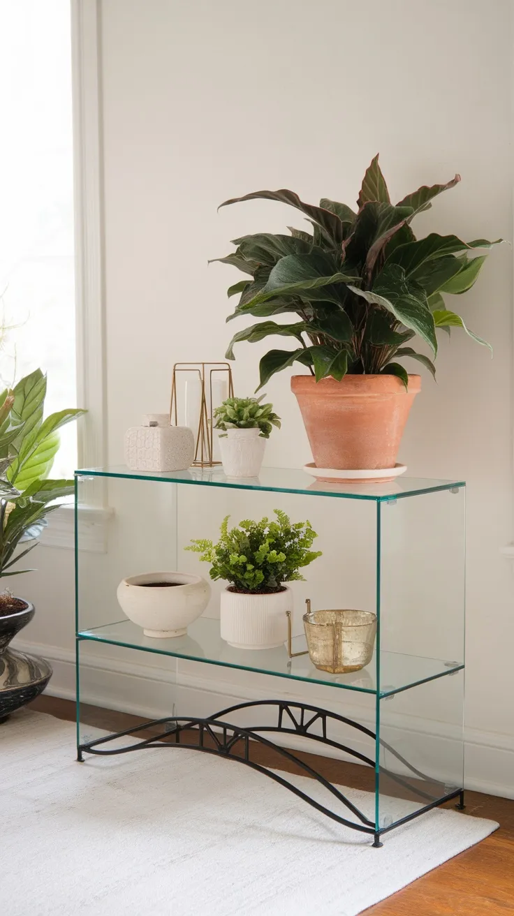 A glass plant shelf can really brighten up your living room. Its sleek look lets your plants take center stage while keeping the space feeling open and airy. Plus, it’s super easy to clean, making it a practical choice for any plant lover.