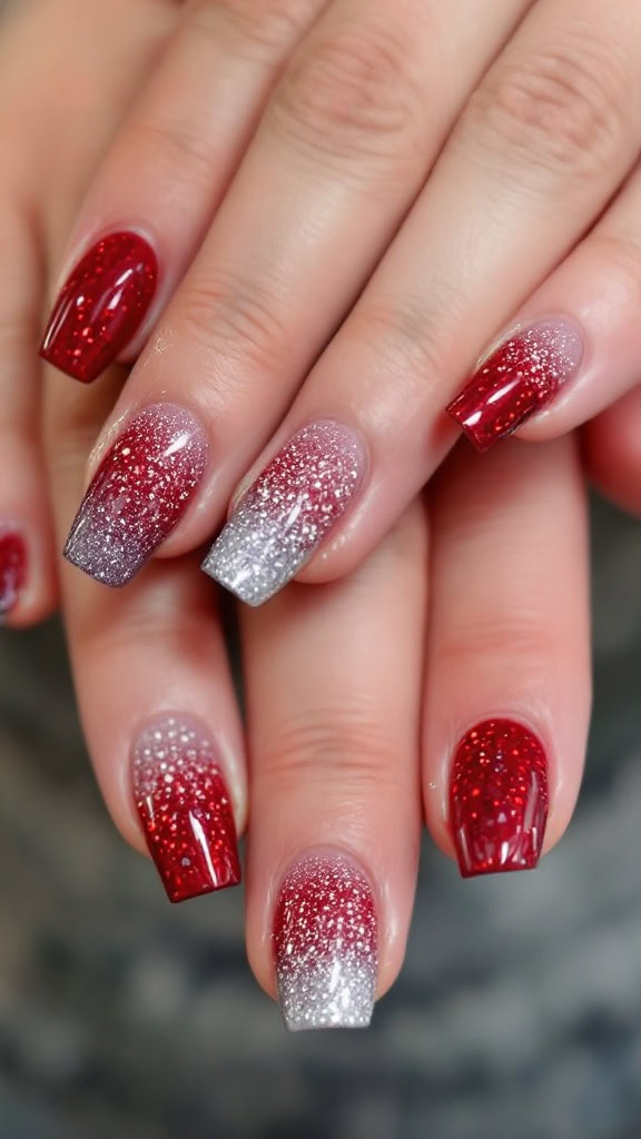 This glitter ombre red look is perfect for anyone wanting to add a bit of sparkle to their nails. The blend of deep red and shimmering silver creates a stunning effect that's sure to catch attention. Whether it’s for a night out or just to feel fabulous, this style is a fun choice!