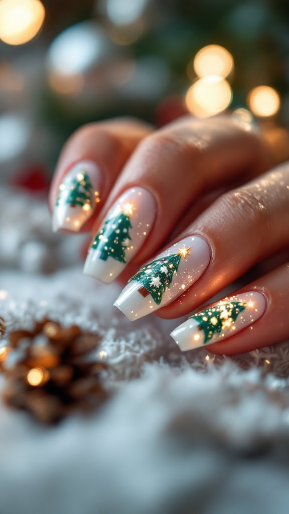 Bring the holiday spirit to life with glittering Christmas tree nail art. Each nail features a tiny tree adorned with colorful ornaments and topped with a shining star.