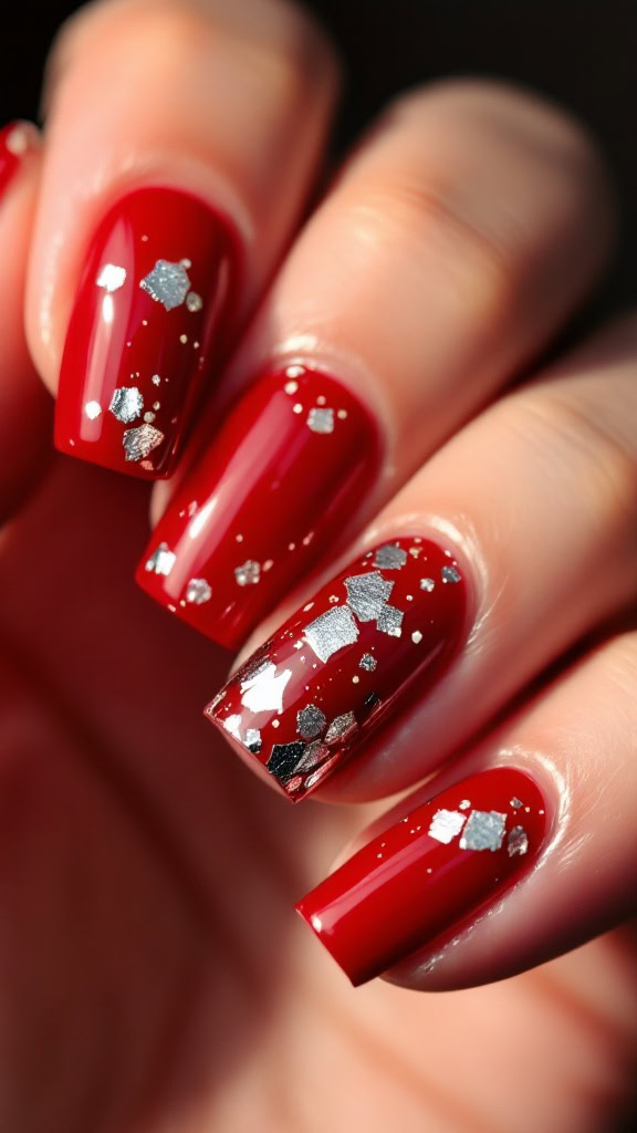 This stunning nail design combines glossy red polish with sparkling silver foil accents. The contrast of bold red and shiny silver creates a look that's both chic and playful. Perfect for any occasion, these nails are sure to catch everyone's eye!