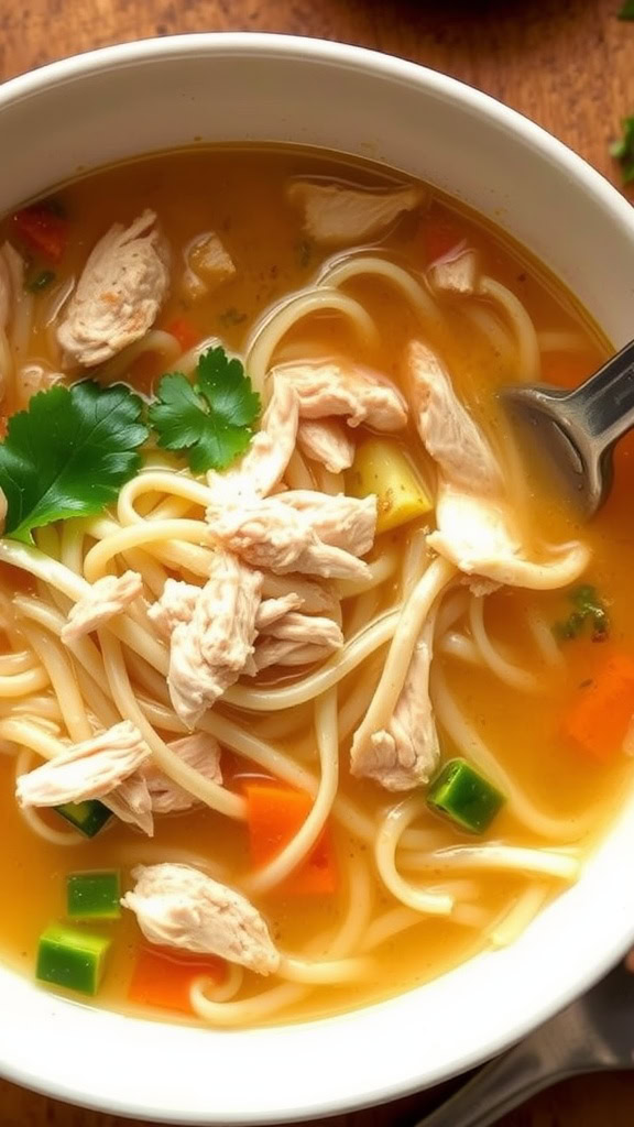 Bowl of gluten-free chicken noodle soup with noodles, chicken, and vegetables.