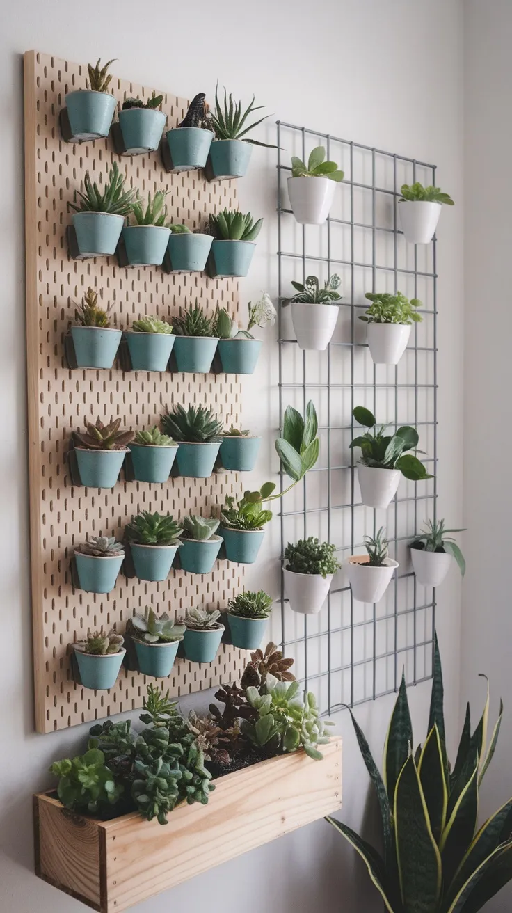 A plant wall can totally change the vibe of your living room. Use shelves, pegboards, or grid panels to display a variety of plants, from hanging ferns to small succulents. It's a fun way to showcase your green thumb while saving space and adding a splash of life to your walls!