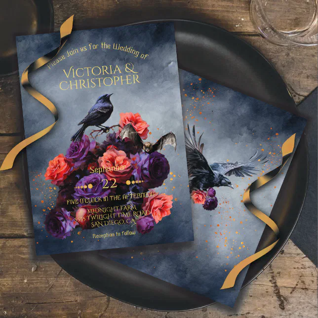 Gothic Crow Vampire Bat Dark Moody Wedding Bouquet Invitation