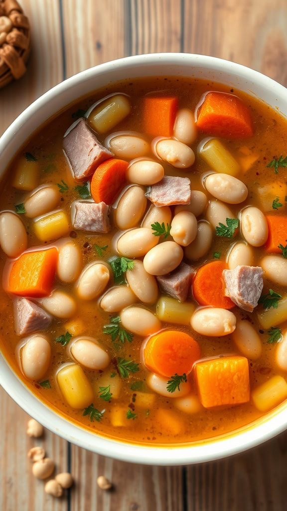 Bowl of Great Northern Bean Soup with carrots, beans, and ham on a wooden table.