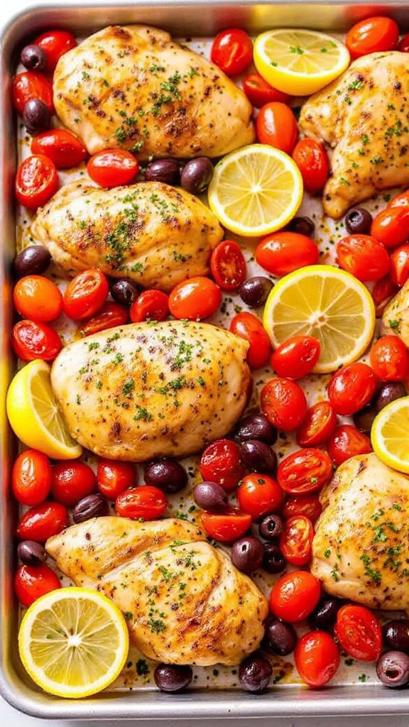 This Greek Chicken Sheet Pan Dinner is a total winner for busy nights. Juicy chicken pairs perfectly with vibrant tomatoes and zesty lemons, making dinner a breeze.