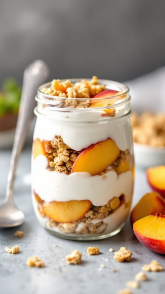 Start your day with this sweet and creamy Greek yogurt parfait! Layers of granola and fresh peaches make it a healthy and delicious grab-and-go breakfast. 🥣🍑 #BreakfastJars #HealthyBreakfast #MealPrepInspo