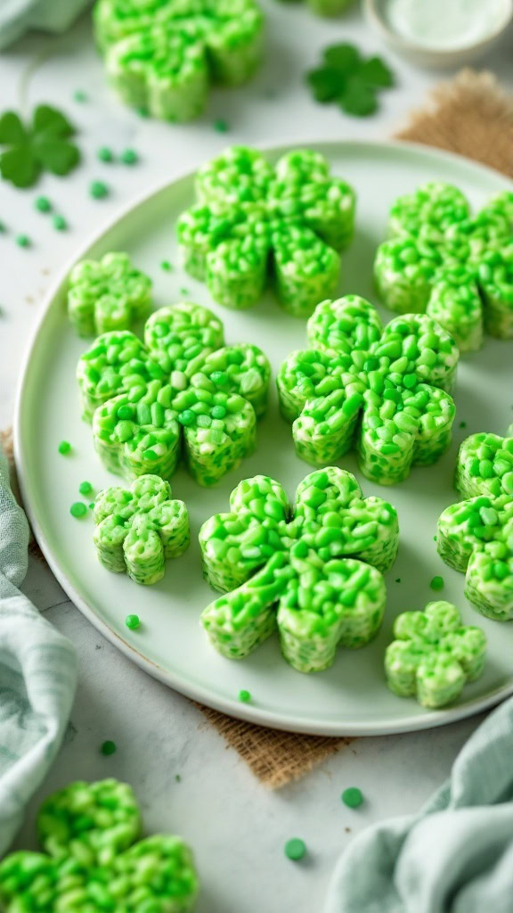 A plate of green Rice Krispie treats shaped like clovers