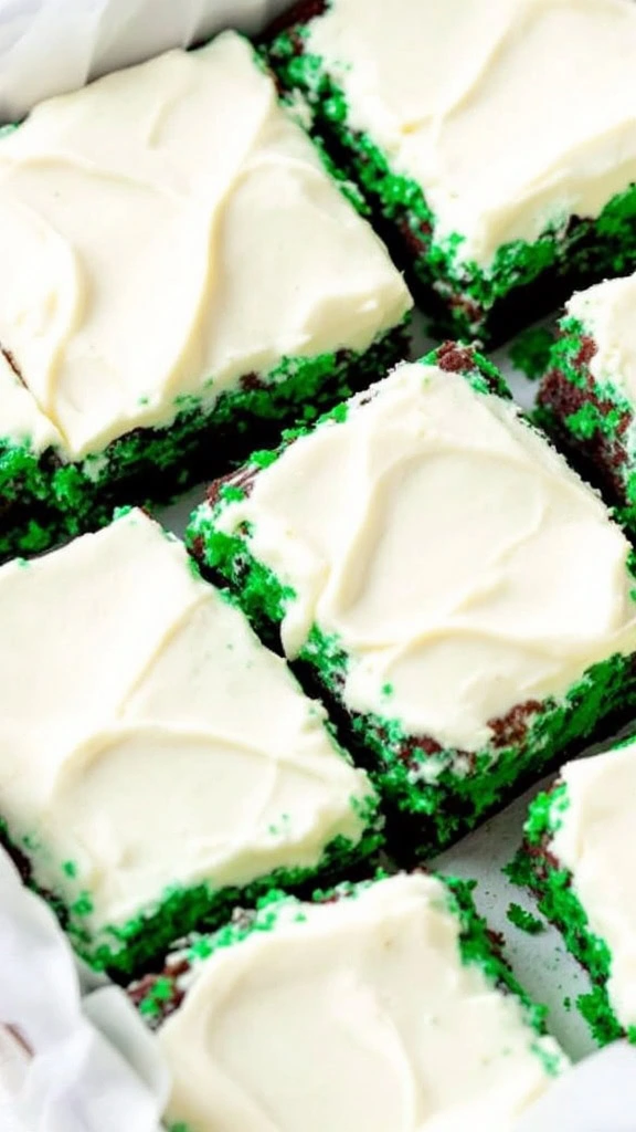 Delicious green velvet brownies topped with cream cheese frosting.