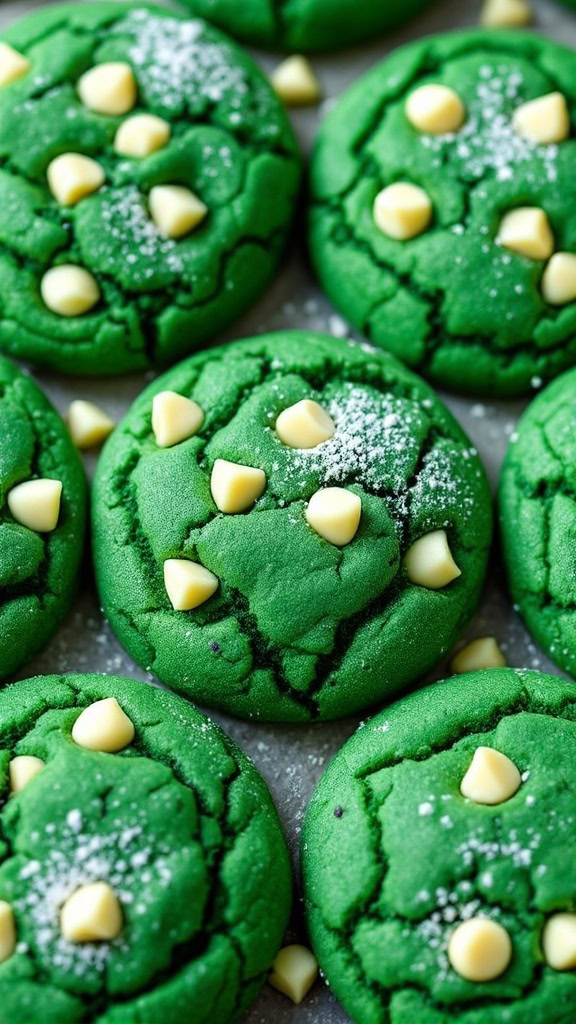 Green velvet cookies with white chocolate chips and powdered sugar on top.