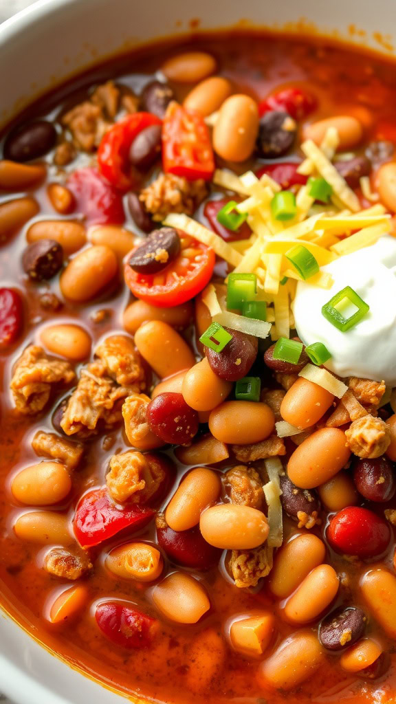 A bowl of ground turkey chili with beans, tomatoes, cheese, and green onions.